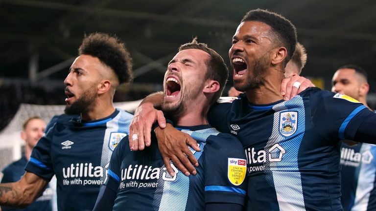 Harry Tovolo at Huddersfield Town celebrates scoring against Hull