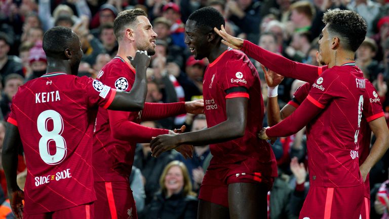 Liverpool players celebrate Ibrahima Konate's opening match at Anfield