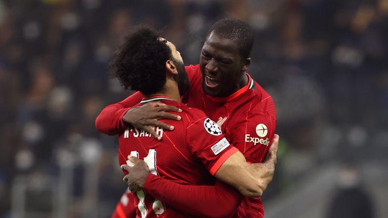 Mohamed Salah and Ibrahim Konate celebrate Liverpool's 2-0 win over Inter Milan at San Siro