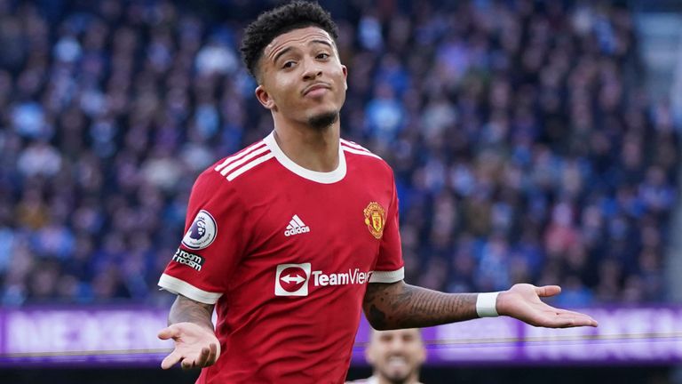 Jadon Sancho celebrates after scoring the equalizer with Manchester United (AP)