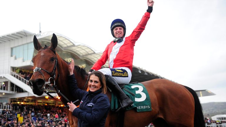 Envoi Allen and Jamie Codd greet groom Seanin Mahon after winning the Champion Bumper at Cheltenham