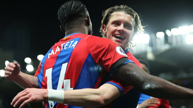 WATFORD, ENGLAND - FEBRUARY 23: Jean-Philippe Mateta celebrates with teammate Conor Gallagher of Crystal Palace after scoring his team's first goal during the Premier League match between Watford and Crystal Palace at Vicarage Road on February 23, 2023 in Watford, England.  (Photo by Eddie Keogh/Getty Images)