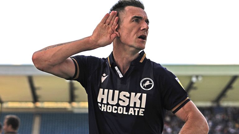 Millwall Jade Wallace celebrated by scoring his first goal of the match during the Skybeater Championship match against Blackburn in The Dean, London.  Photo date: Saturday 14 August 2023.