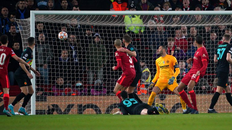 Liverpool's Joel Matip sees his head hit the crossbar