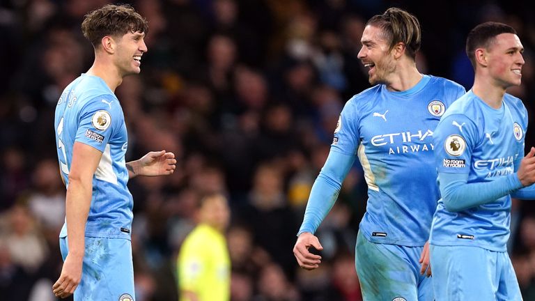 John Stones celebrates his sixth goal against Manchester City