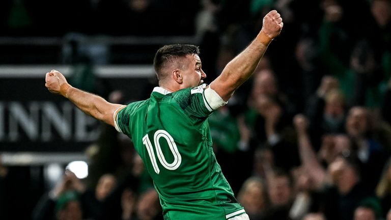 Ireland captain Johnny Sexton celebrates the team's late bid for extra points 