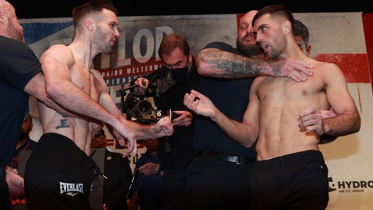JOSH TAYLOR v JACK CATTERALL 25-2-2022.SSE HYDRO, .GLASGOW.PIC LAWRENCE LUSTIG.IBF / WBC / WBA / WBO SUPER-LIGHTWEIGHT World Championship. JOSH TAYLOR V JACK CATTERALL WEIGH IN