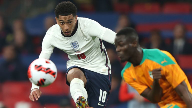 Jude Bellingham scores a powerful shot against Ivory Coast