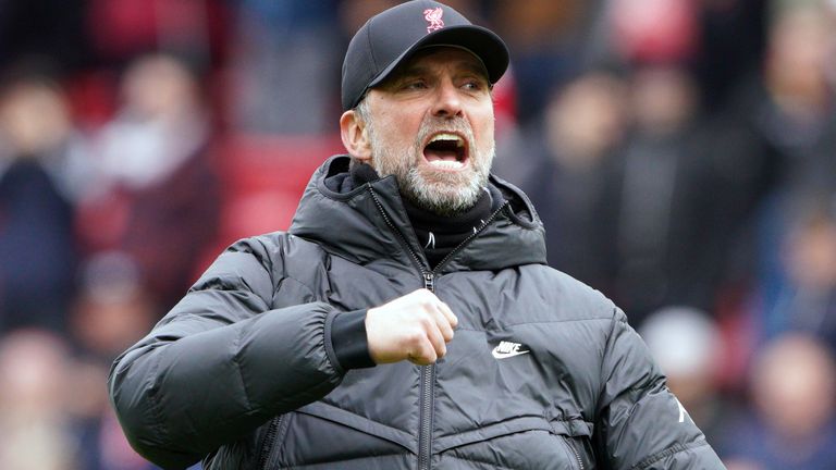 Liverpool manager Jurgen Klopp celebrates the win after the Premier League match at Anfield, Liverpool.  Picture date: Saturday, April 2, 2023.