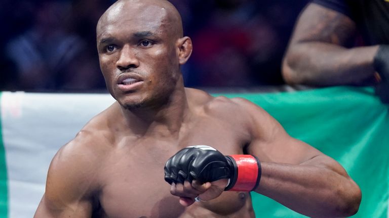 Kamaru Usman before a fight against Colby Covington in the Welterweight Mixed Martial Arts Championship match at UFC 268, Sunday, November 7, 2023, in New York.  (AP Photo/Corey Sibkin)  