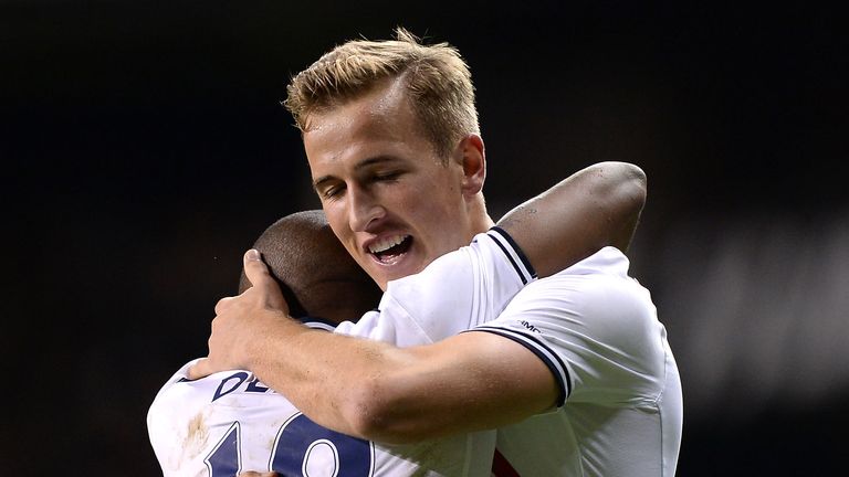 Harry Kane celebrates with teammate Jermain Defoe during their time together at Tottenham.