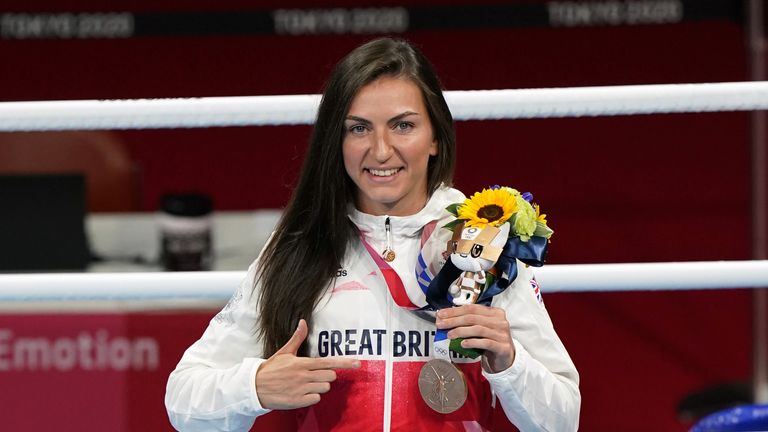 Karriss Artingstall of Great Britain with an Olympic bronze medal in women's badminton (54-57 kg) at the Kokugikan Arena on day 11 of the Tokyo 2020 Olympic Games in Japan.