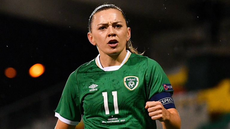 November 30, 2023;  Katie McCabe of the Republic of Ireland celebrates at the final whistle of the group match 