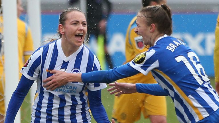 Kylie Green celebrates scoring Brighton & Hove Albion Women's goal vs Reading