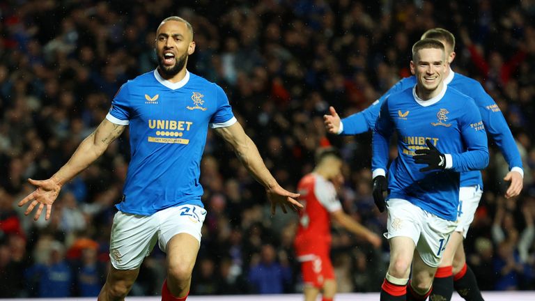 Rangers'  Kemar Rov celebrates after scoring in extra time against Braga