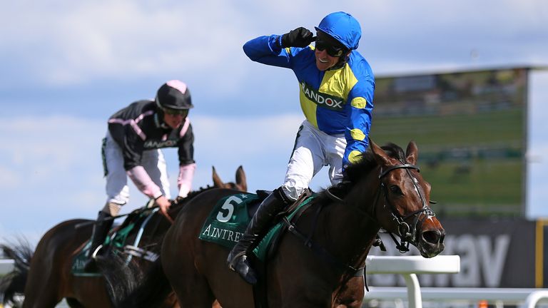 Harry Skelton celebrates Langer Dan's win at Aintree