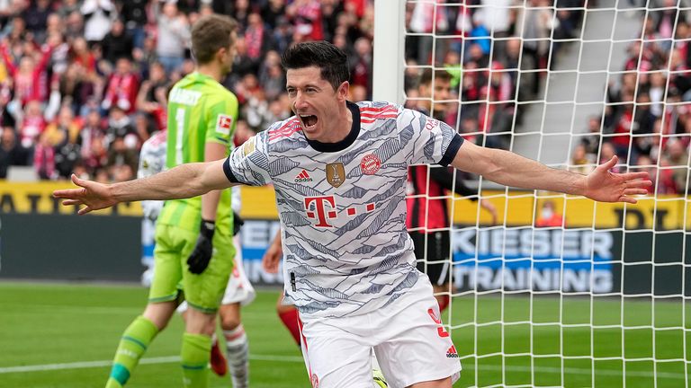 Robert Lewandowski, Bayern Munich, celebrates after scoring the opening goal during the German Football League match between Bayer Leverkusen and Bayern Munich in Leverkusen, Germany, Sunday, October 17, 2023.