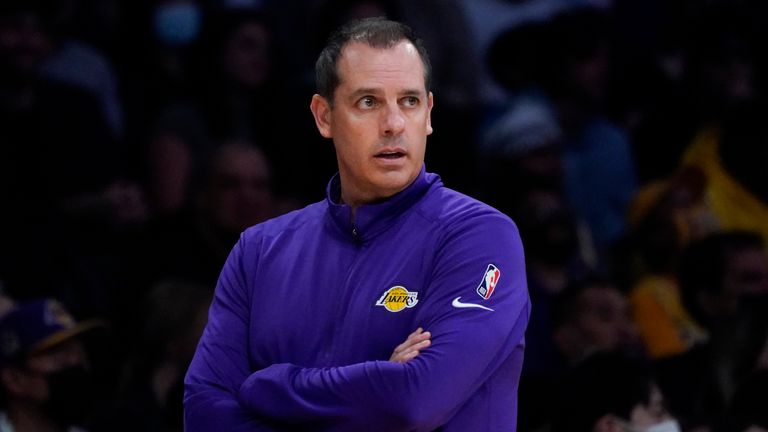 Los Angeles Lakers coach Frank Vogel watches from the sidelines at Staples Center