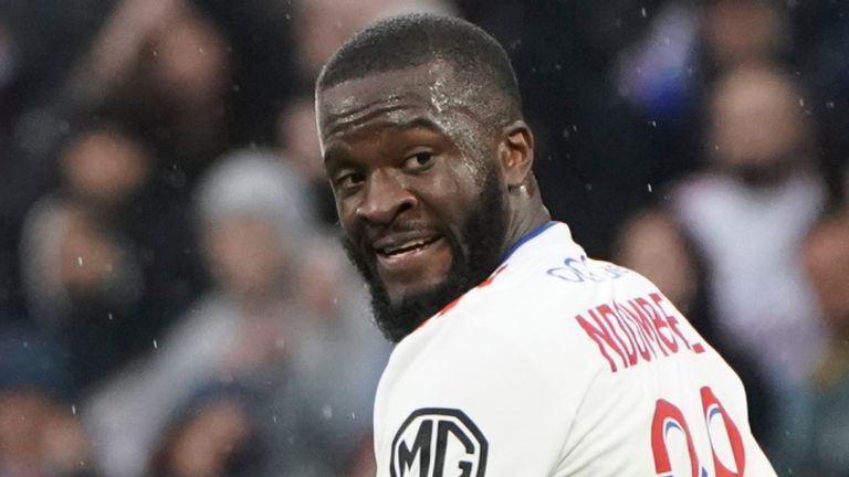 Tanguy Ndombele Lyon walks on the field during the Ligue 1 football match between Lyon and Rennes, in Lyon, central France, Sunday, March 13, 2023 (AP Photo/Laurent Cipriani)