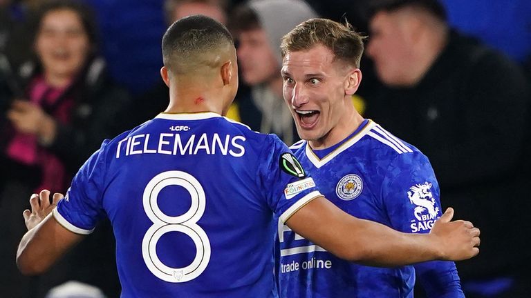 Leicester City's Mark Albrighton (right) celebrates with Yuri Tillmans after scoring