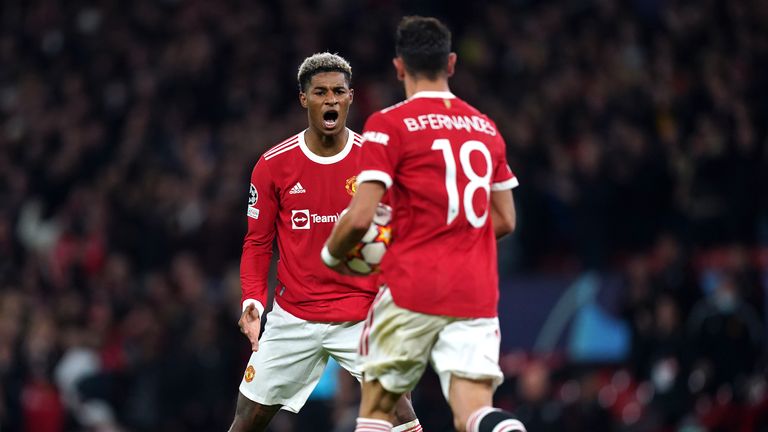 Marcus Rashford (left) celebrates Manchester United's first goal in the match with teammate Bruno Fernandes during the UEFA Champions League, Group F match at Old Trafford, Manchester.  Photo date: Wednesday, October 20, 2023.