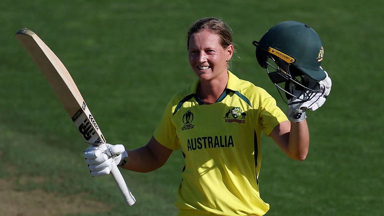 Meg Lanning celebrates her century after Australia's victory over South Africa