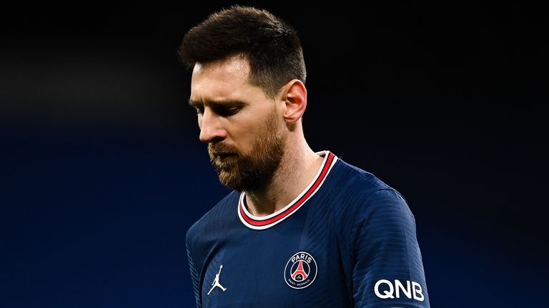Lionel Messi looks sad after PSG's defeat to Real Madrid