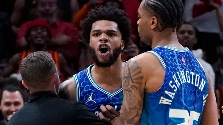 Charlotte Hornets forward Miles Bridges has been handcuffed by PJ Washington and others while arguing with an official after being accused of foul play in a Play-In Tournament match against the Atlanta Hawks