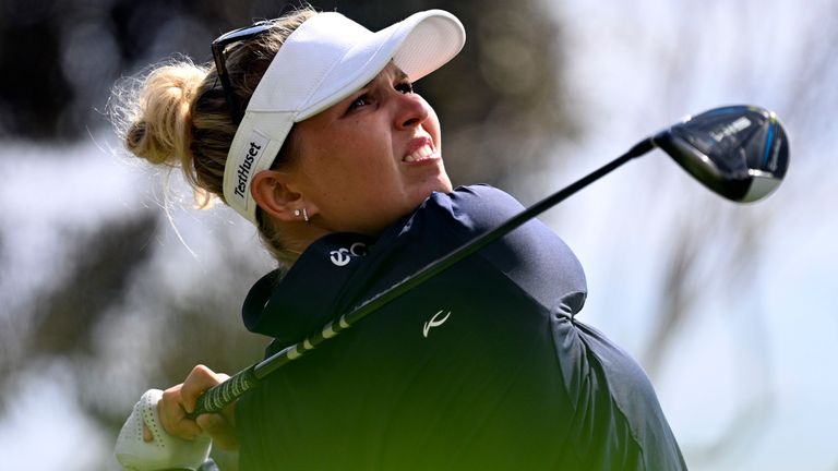 Nanna Koerstz Madsen delivers her opening shot during the third round of the JTBC Classic