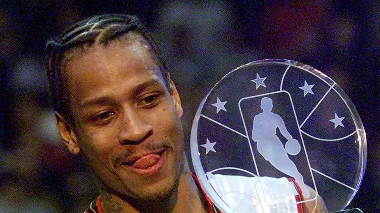 In this Feb. 11, 2001 file photo, Eastern Conference player Allen Iverson, of the Philadelphia 76ers, holds the MVP Cup at the end of the 50th NBA All-Star Game at MCI Center, in Washington.  This year's Hall of Fame chapter includes a star-studded field of potential finalists, including Shaquille O'  Neal, Yao Ming, and Allen Iverson.  This trio should act as a lock for entry