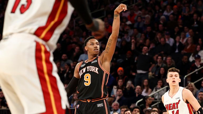 New York Knicks guard RJ Barrett tracks his shot against the Miami Heat during the second half of an NBA basketball game, Friday, February 25, 2023, in New York. 