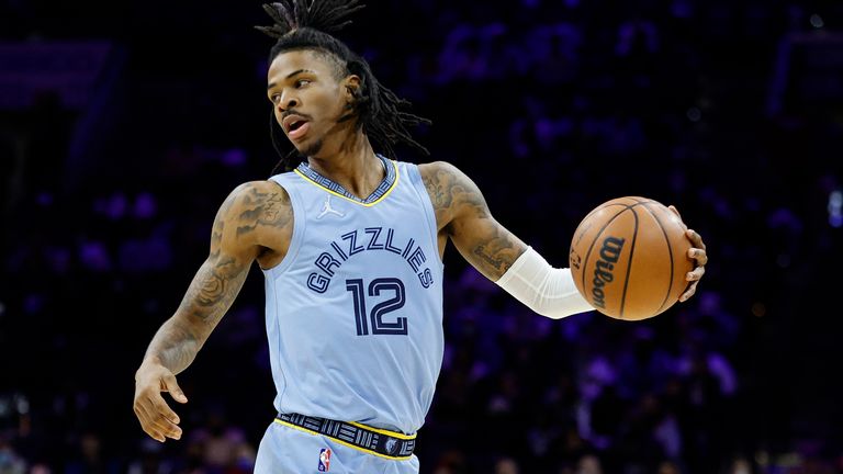 Ja Morant #12 of the Memphis Grizzlies dribble during the first quarter against the Philadelphia 76ers at Wells Fargo Center on January 31, 2023 in Philadelphia, Pennsylvania.