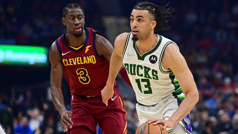 Milwaukee Bucks forward Jordan Nora leads Cleveland Cavaliers guard Karis Levert in the first half of an NBA basketball game, Sunday, April 10, 2023, in Cleveland. 
