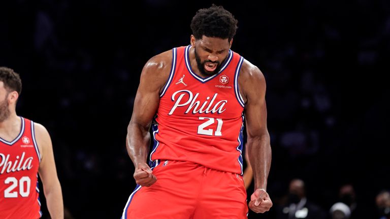 The Philadelphia 76ers' Joel Embiid reacts after being fouled late in the second half of an NBA basketball game against the Brooklyn Nets on Thursday, December 30, 2023, in New York.  The 76ers won 110-102.