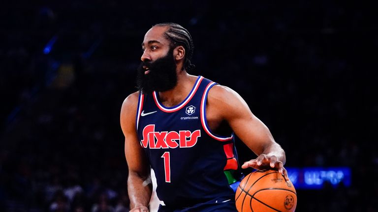 Philadelphia 76ers & # 39;  James Harden during the first half of an NBA basketball game against the New York Knicks on Monday, February 28, 2023, in New York.
