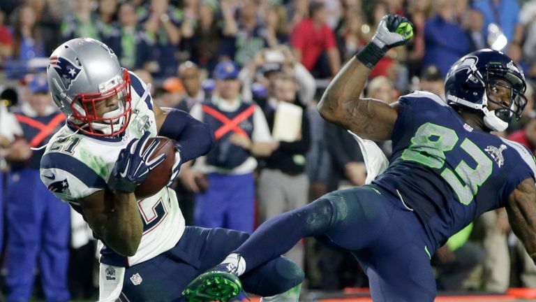 Patriots Cornback Malcolm Butler blocks pass assigned to Seahawks receiver Ricardo Lockett on the goal line to finish Super Bowl XLIX