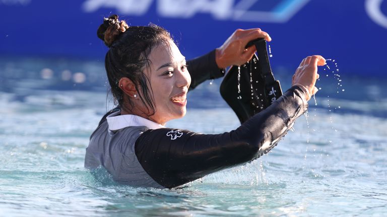 Patti Tavatanakit celebrated her ANA inspiration with the traditional jump to Poppie's Pond before receiving the trophy at Mission Hills.