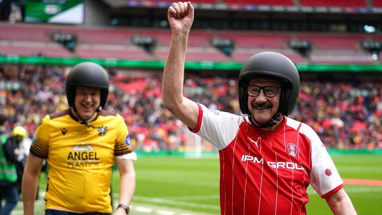 Celebrity fans Paul Chuckl and Tim Vine handed out the Papa John Trophy and Match Ball, respectively - on the back of the bike!
