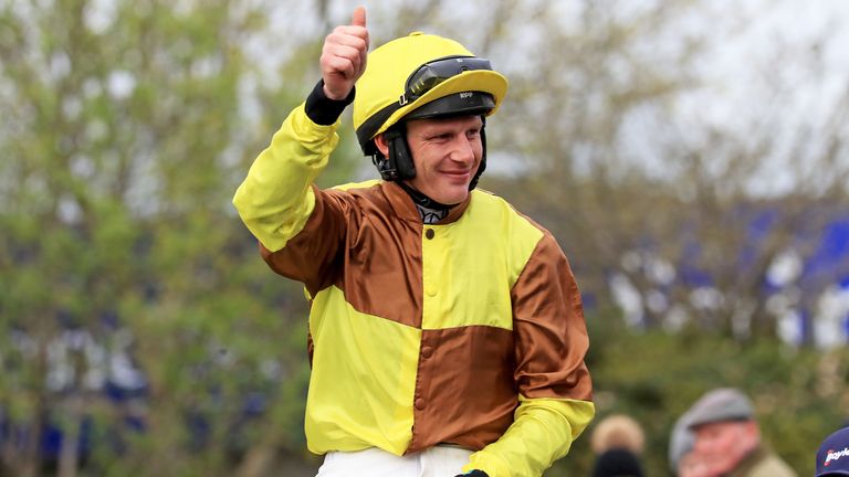 Paul Townend celebrates winning the BoyleSports Gold Cup's Novice Chase at Galopin Des Champs at the Fairyhouse 