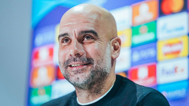 MANCHESTER, ENGLAND - FEBRUARY 14: Pep Guardiola speaks to the press ahead of their clash against Sporting Lisbon at the Manchester City Football Academy on February 14, 2023 in Manchester, England.  (Photo by Tom Flathers/Manchester City FC via Getty Images)
