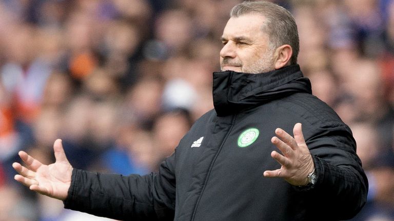 Glasgow, Scotland - APRIL 3: Celtic coach Ange Postecoglou during a Premier League match between Rangers and Celtic at Ibrox Stadium, on April 2, 2023, in Glasgow, Scotland.  (Photo by Craig Williamson/SNS Group)