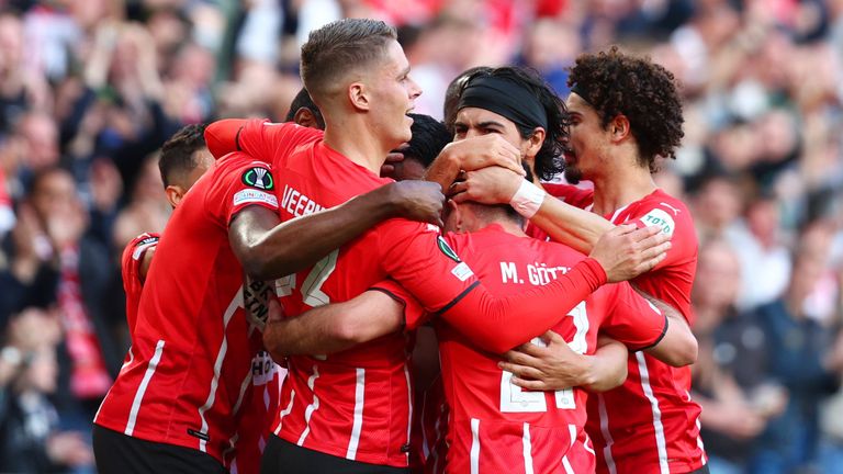 PSV Eindhoven players celebrate after Iran Zahavi scored against Leicester 