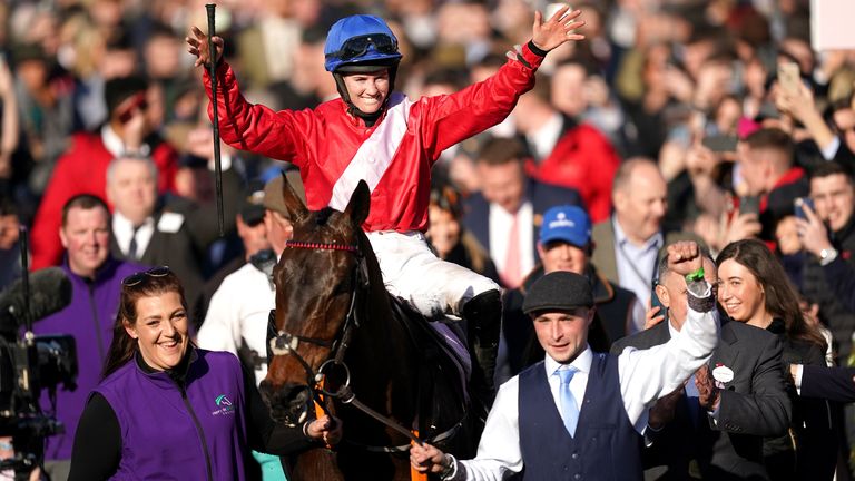 Rachel Blackmore celebrates winning the Cheltenham Gold Cup over the A Plus Tard