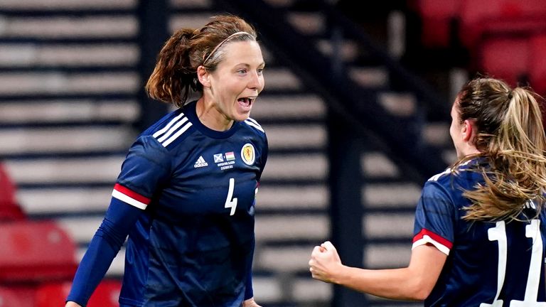 Scotland's Rachel Corsi (left) celebrates scoring against Hungary during the 2023 FIFA Women's World Cup qualification match at Hampden Park
