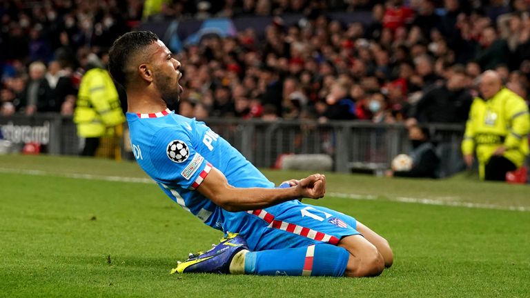 Renan Lodi celebrates the opening header of Atletico Madrid at Old Trafford in the second leg of the Champions League round of 16 with Manchester United