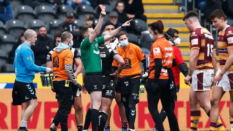 Pryce (not pictured) shows a red card during Sunday's loss at Hull FC