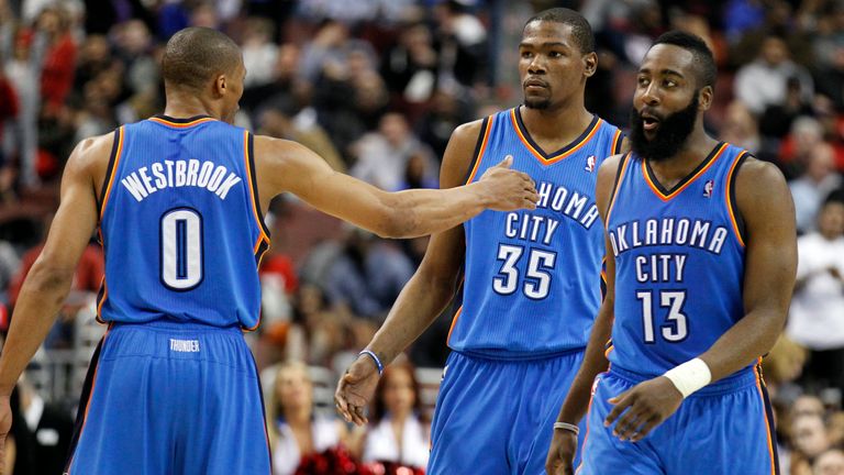 Russell Westbrook, Kevin Durant and James Harden during OKC Thunder in February 2012