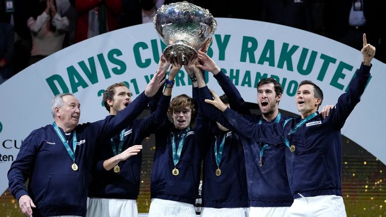 The Russian Tennis Federation team celebrated the trophy after winning the Davis Cup Tennis Final at Madrid Arena in December
