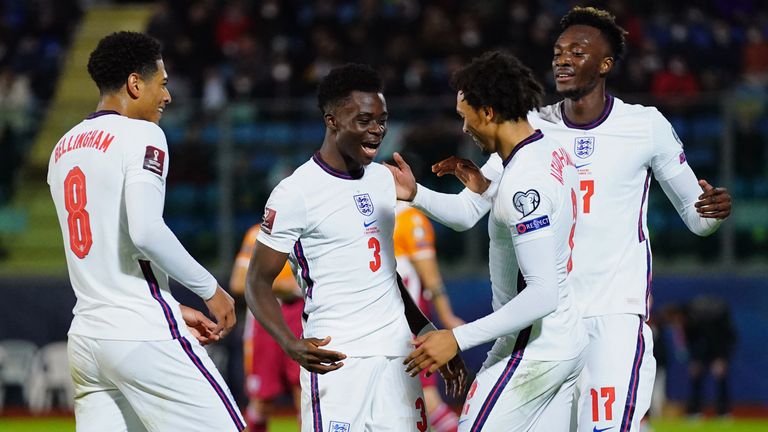 San Marino vs England - FIFA World Cup 2023 - European Qualifiers - Group A - San Marino Stadium England's Bukayo Saka (second left) celebrates scoring his 10th goal of the match during the FIFA World Cup qualification match at San Marino Stadium, Serravalle.  Photo date: Monday, November 15, 2023.
