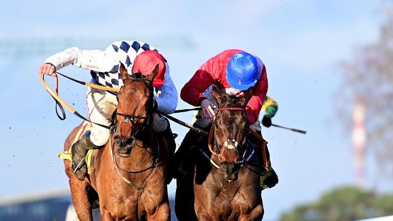 Galvin (left) and A Plus Tard wrestle all the way to the line at Savills Chase